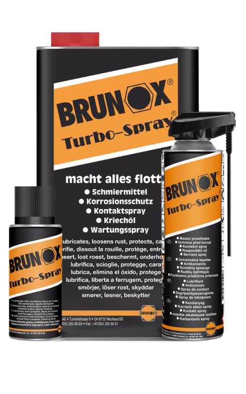 Gama Brunox Turbo-Spray multifuncțional 5 în 1: lubrifiant, degripant, anticoroziv, agent de curățare, spray de contact